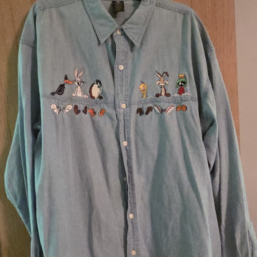 Looney Tunes Embroidered Denim Shirt, Bugs Bunny, Daffy Duck, Tasmanian Devil
